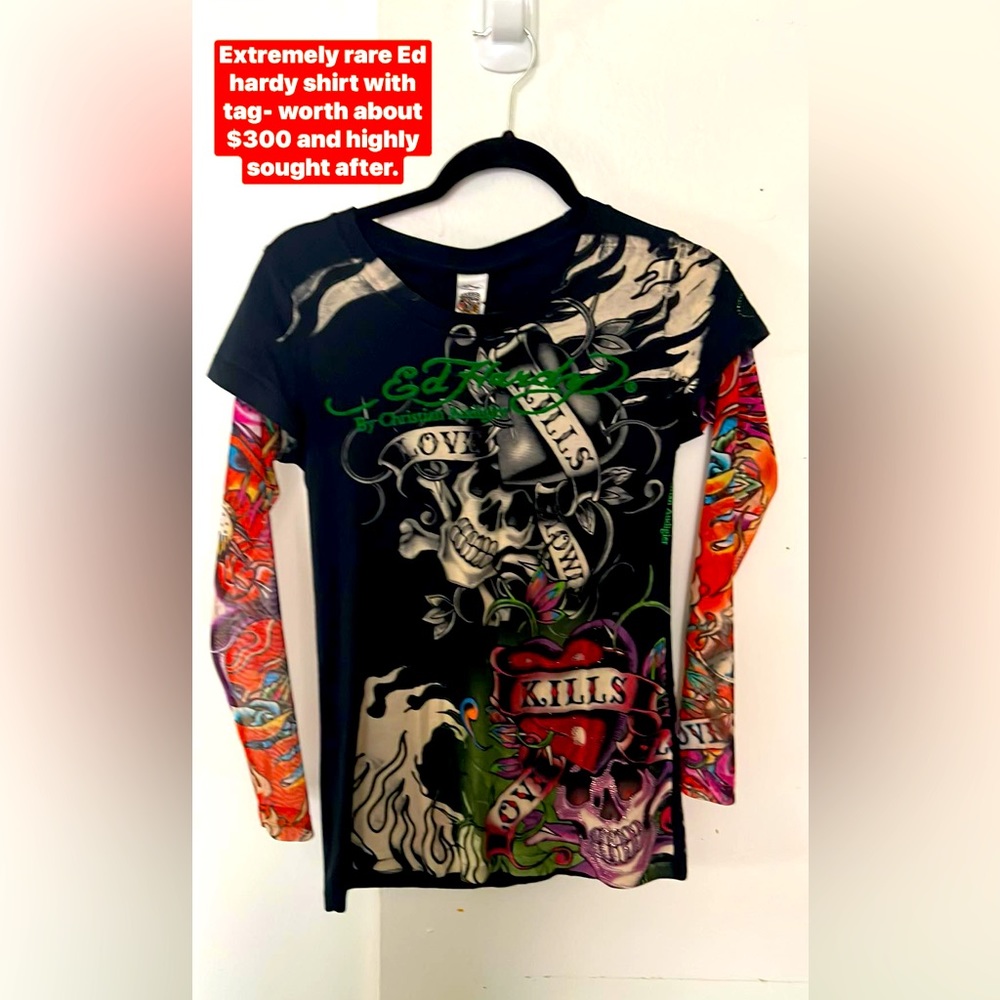 NWT Ed Hardy, black with mesh tattoo sleeves, T-shirt size small, NEW w/tags.